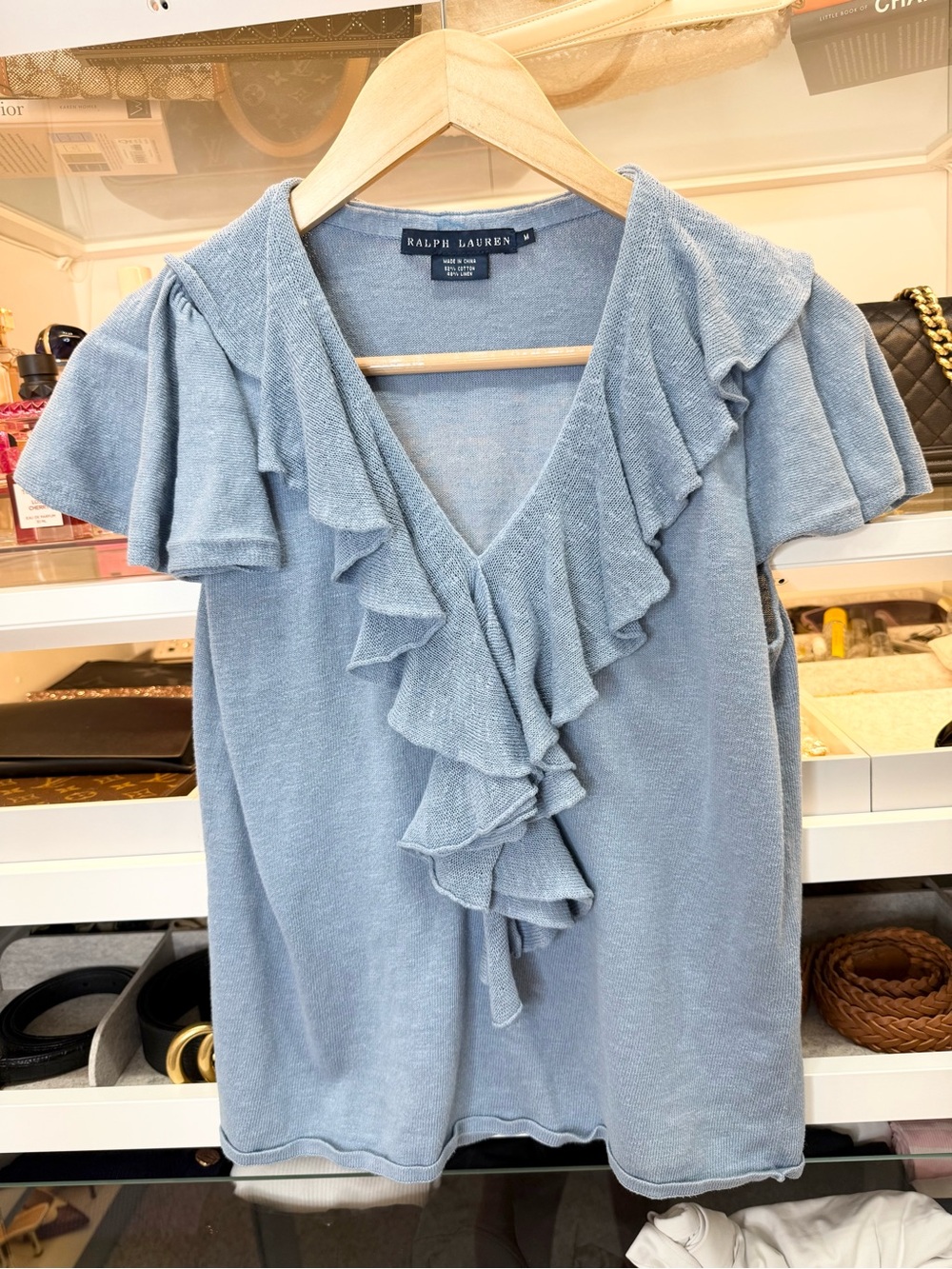 Ralph Lauren Blue label blue linen Ruffle V-Neck Women's Top Vintage